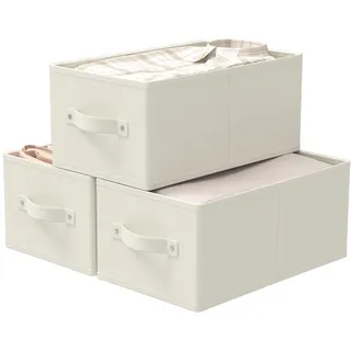 GUOHNHE Aufbewahrungsboxen aus Stoff, 3er Set Kleiderschrank Organizer, Kleiderboxen, Zusammenklappbar Stoffboxen mit 2 Griff, Aufbewahrung Korb für Regal, Schrank, 47 x 28 x 20 cm, Beige, XSNY11BEL-3