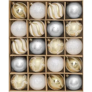Valery Madelyn Weihnachtskugeln 20 Stücke 6cm Kunststoff Christbaumkugeln Weihnachtsdeko mit Aufhänger Baumschmuck für Weihnachtsdekoration Gold Weiß Elegant Thema(L)
