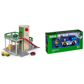 BRIO World 33204 Parkhaus, Straßen & Schienen – Eisenbahnzubehör Holzeisenbahn – Empfohlen für Kinder ab 3 Jahren & Bahn 33825 - Polizeiwagen mit Licht und Sound