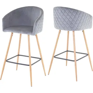 2er-Set Barhocker HWC-D72, Barstuhl Tresenhocker Küchenhocker mit Lehne, Metall Holzoptik Samt, grau - Grau
