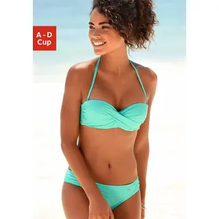 Bügel-Bandeau-Bikini S.OLIVER, Damen, Gr. 34, Cup C, blau (türkis), Recycling-Polyamid, unifarben, Bikini-Sets Bügel-Bandeau-Bikini, mit Raffung
