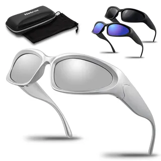 Netrox Sonnenbrille - Sportbrille mit ETUI und Mikrofaser Beutel - Sonnenbrillen verspiegeltem Glas in drei Farben UV400 Schutz - Schnelle Rave Techno Sport Brille - Damen und Herren - Silber