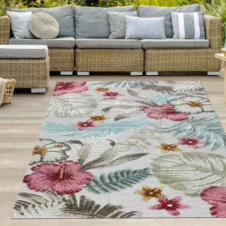 In- & Outdoor Teppich Hoch-Tief Effekt pflegeleicht wetterfest Blumen Muster Türkis Bunt Größe - 200 x 290 cm - Türkis, Bunt