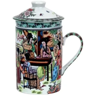 Keramik Teetasse mit Deckel + Sieb für Losen Tee mit Asiatischem Motiv (Mädchen am Tisch, 045) Japanische Chinesische Tasse Für Teeliebhaber, Porzellan Kaffee Geschenk Set Asien Asia Becher Haferl