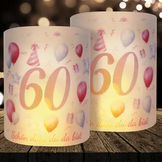 16 Windlichter Tischdeko Deko 60 Geburtstag Frauen Happy Birthday 60. Geburtstag Tischdeko für Partys, Taufen, Kommunionen, Mitzvahs Teelicht oder Kerzen Deko (Pink)
