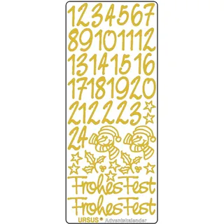 Ursus 593000103 - Kreativ Sticker Adventskalender, gold, 5 Stickerbögen mit Zahlen von 1 bis 24, selbstklebend, leicht abziehbar, zum Nummerieren von selbstgemachten Adventskalendern