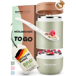 NetroxHome - Müslibecher To Go mit Löffel, Auslaufsicherer Joghurtbecher To Go aus Edelstahl, Lunchbox, Müslibecher - To Go Becher für Müsli, Joghurt, Porridge, Suppen - Müsli To Go Becher - Kinder
