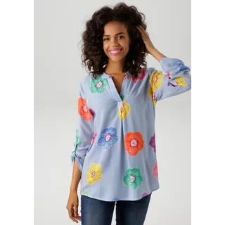 Aniston CASUAL Schlupfbluse gestreift und mit bunten Blüten verziert, blau, weiß, lila, zartgelb, hellblau, marine, orange, pink, rosa, hellgrün, dunkelgrün, türkis, dunkelbraun