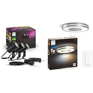 Philips Hue White & Color Ambiance Lily Gartenstrahler 3-er Pack (1.770 lm) & White Ambiance Being Deckenleuchte 2400lm inkl. Dimmschalter
