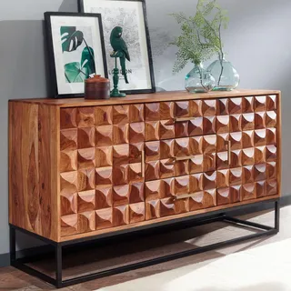 FineBuy Sideboard Sheesham Massivholz 145 cm mit 2 Türen & 3 Schubladen  - Massive Retro Kommode mit Metallrahmen Schwarz Design Handdustrial - Braun