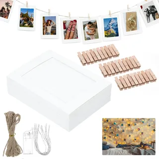 sdhiiolp 30 Stück Fotogirlande, Bilderrahmen mit 30 Klammern 3 LED-Leuchten und 3 Leine Fotos Aufhängen 10x15 cm Papier Bilderrahmen Bilder Aufhängen Schnur für Geburtstag, Hochzeit, Party oder Schule