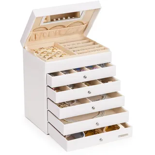 Yorbay Schmuckkoffer Seelux Serie Schmuckkasten mit Spiegel, 5 Schubladen (Weiß)