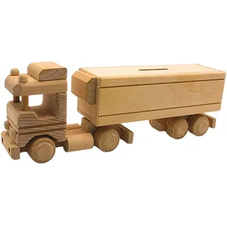 Dekohelden24 Nachhaltige fahrbare Holz - Spardose, Sparbüchse als LKW, Sattelschlepper - Spardose, Kinderspardose Lastkraftwagen, Spartransporter, Sattel LKW aus Buchenholz, L/B/H 31 x 5 x 10 cm.