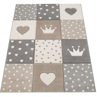 Paco Home Kinderteppich »Cosmo 339« rechteckig 16 mm Höhe Kurzflor, Pastell-Farben, 3D-Effekt, Motiv Herz, Punkte & Krone, beige Textil, 140x200 cm, strapazierfähig, für Fußbodenheizung geeignet, Teppiche Böden, Teppiche, Teppich Kinderzimmer