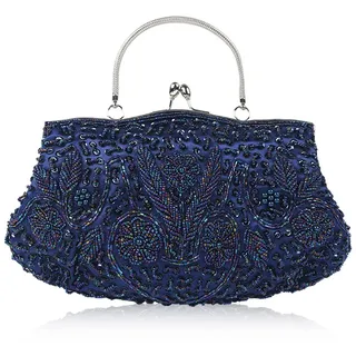 CORIOS Damen Handgemachte Perle Handtasche Floral Abendtasche Vintage Clutch Tasche Elegante Schultertasche Klein Tasche Kette Umhängetasche Hochzeit Bankett-Party Abschlussball Tasche Blau
