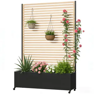 Pflanzkasten aus Metall für den Außenbereich mit Spalier, Hochbeet aus Metall mit Rad, freistehender Sichtschutz-Pflanzkasten für Blumen, Gemüse im Garten, auf der Terrasse, auf dem Balkon