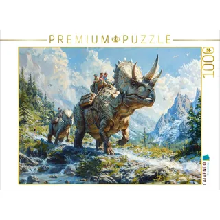 Calvendo Puzzle Bergwanderung - Menschen mit Dinosaurier Triceratops | 1000 Teile Lege-Größe 64 x 48 cm Foto-Puzzle für glückliche Stunden