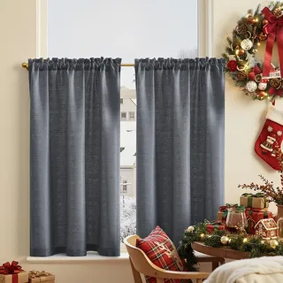 TOPICK Scheibengardine Leinenoptik Bistrogardine 2er Set 90Hx90B cm Uni Kurzer Küche Vorhänge Gewebe Gitter Lichtdurchlässig Paarig Schals für Wohnzimmer Landhaus Kleine Fenster Grau