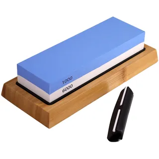 Lacers PurpleLine 2-in-1 Wetzstein Set 1000/6000 – Doppelseitiger Schleifstein (Abziehstein) – Messerschärfer mit rutschfestem Bambus-Halter & Winkelführung für Messer