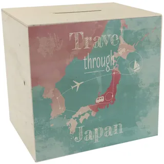 Spardose aus Holz mit Japan Karte und Spruch - travel Through Japan als Geschenk für Urlauber die durch Japan Reisen wollen und Geld für den Flug und die Unterkunft brauchen