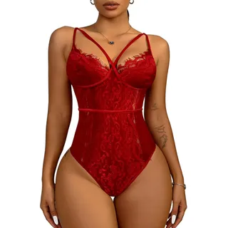 Buitifo Damen Sexy Body Dessous Ein Stück Babydoll V-Ausschnitt Teddy Schritt einrasten(rot,L)