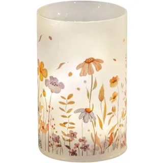 formano LED Tischlampe Deko Blumenwiese Zylinder Stimmungslicht aus Glas & Holz mit Timer, batteriebetrieben, Pastell-Peach, 14 cm - sanftes Ambientelicht für Tisch & Fensterbank