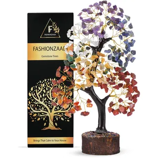 FASHIONZAADI Seven Chakra Gemstone Tree - Healing Crystal Money Trees Feng Shui Gift Handmade Reiki Crystals & Stone Home Office Table Décor Good Luck Throat Chakras Size 10-12 Inch (Golden Wire)