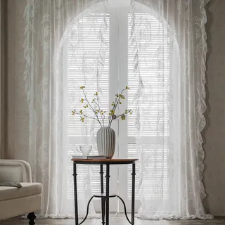 Sutuo Home Weiße Spitzen-Vorhänge, 2er-Set, durchscheinende Paneele, 160 cm Länge, Rosenblumenstickerei, Vintage-Voile, Fensterbehandlung, Paar für Schlafzimmer, Wohnzimmer, Shabby Chic-Dekor,
