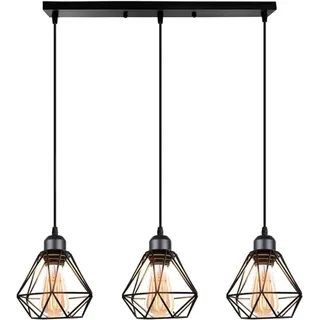 Hobaca 3-flammig Industrial Pendelleuchte Vintage Hängelampe mit Geometrischem Design E27 Lampe aus Eisen Käfig Lampenschirm Schwarz Retro Hängeleuchte für Esstisch Küche (Pendellampe, Balken)