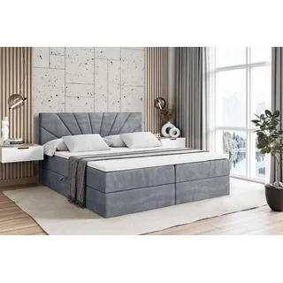 ALTDECOR Boxspringbett mit H4 Matratze und Topper - 140 x 200 cm - MILTIO - Grau Samt - Polsterbett mit Bettkasten und Lattenrost, Bett mit Stauraum - Grau
