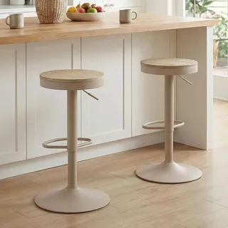 Kidol & Shellder Barhocker 2er Set Beige, Höhenverstellbar 56-80cm, Drehbar, Ohne Lehne, Holz Sitzfläche, Mit Fußrasten, Küchenbarhocker