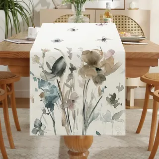 Lslandmood Deko Tischläufer Modern Wohnzimmer Tischsets, Wetterfest Tischläufer Leinen, Lang Abwaschbar Outdoor, Natur Blumen für Party Tischmatten Läufer 33x183