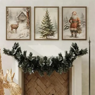 Uixxducc 3er Weihnachten Premium Poster Set, Vintage Elch Weihnachtsmann Weihnachtsbaum Winterlandschaft Wandbilder Kunstdrucke Leinwand Bilder Wohnzimmer & Schlafzimmer, Ohne Rahmen (21x30cm)