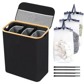 BRIAN & DANY Wäschekorb 3 Fächer mit Deckel Wäschesammler Wäsche Sortiersystem Herausnehmbaren Wasserabweisender Faltbarer Wäschebox Schmal Laundry Basket 145L für die Familie Schwarz