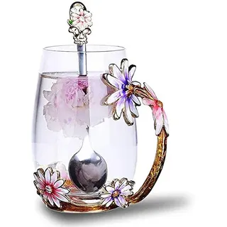 Luka Tech handgemachte Emaille Schmetterling Blume Glas Kaffeetassen Teetasse mit Löffel,personalisierte Geschenke für Frauen freundin Geburtstag Mutter Valentinstag Muttertag muttertagsgeschenk