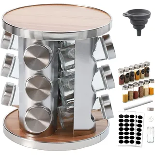 Manfâ Gewürzkarussell 360°drehbar Gewürzregal,12 Gewürzgläsern,Lebensmittelqualität 430-Edelstahl Rotationsküchen Gewürzständer,Gewürzdosen zum Streuen,mit Etikettenpapier und Schreibstift