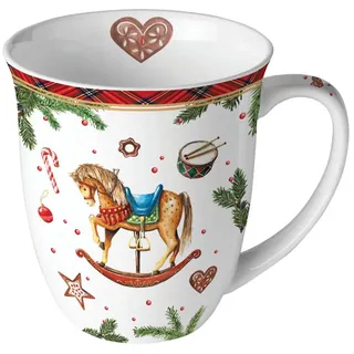 Ambiente Tasse Porzellan 0,4 l Henkelbecher Kaffeetasse Teetasse Weihnachtstasse Schaukelpferd und Zweige