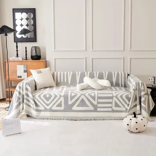 VClife Boho-Couchbezug, waschbar, Couchüberzüge für 2 Kissen, Couch, Sofa, rutschfeste Couchüberzüge, waschbar für Hund, weicher Chenille-Couchbezug mit Quaste, grau-weiß, geometrische Jacquard, 180,3