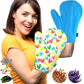 Feel Recovery Set 2 Fäustlinge: Arthrose Handschuhe für Mikrowelle - (Eine Größe) - Handwärmer Körnerkissen für Karpaltunnelsyndrom, Rheuma und Arthritis - 100% Baumwolle und Lavendelduft (Herzen)