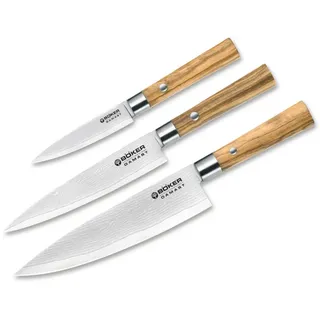 Böker Damastmesser Messerset 3-tlg. Braun/Grün Olivenholz rostfrei schnitthaltig
