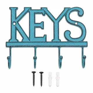 Comfify Schlüsselhalter Keys - Wandmontierter Westernschlüsselhalter | 4 Schlüsselhaken | Dekoratives Gusseisen-Schlüsselbrett | mit Schrauben und Dübeln - 15,2 x 20,3 cm - CA-1506-04 (Rustic Blue)