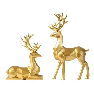 GangGangBAO 2 Stück Hirsch Deko, Paar Hirsch Figuren Golden Desktop Ornament Resin Elch Rentier Figur Dekoration Weihnachtsdekoration Für Wohnzimmer Schlafzimmer Weihnachten