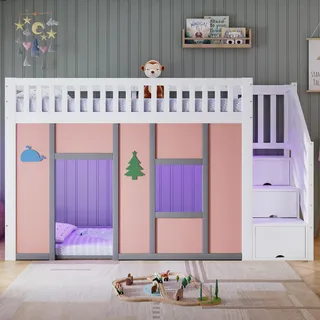 Merax Etagenbett Hochbett 90x200cm mit LED und Stauraumtreppe, , Halbhochbett mit Spielbereich und Rausfallschutz, Kinderbett aus Kiefer und MDF, Pink - Weiß