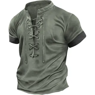 LUNULE T-Shirts FüR Herren MäNner Mittelalter Retro SchnüRen Henley Shirt V-Ausschnitt Kurzarm Vintage Casual Tshirts Sommer Outdoor Regular Fit Trainingsshirt LäSsig Lose Freizeithemd Sweatshirt