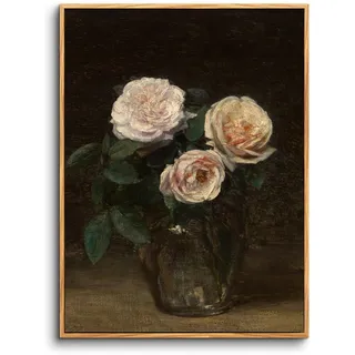 hyidecorart Vintage Botanisch Leinwandbilder mit Rahmen Holz, 40x60 cm Wandbilder Wohnzimmer Rosa Rosen, Modern Wanddeko Schlafzimmer Gemälde Badezimmer Büro Zimmer Esszimmer Flur