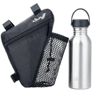 BOBILIFE Fahrradrahmentasche mit Wasserflasche – Fahrrad Radfahren Triangel Oberrohrtasche Satteltasche mit Flaschenhalter und Einer Edelstahl-Wasserflasche für Rennräder und Mountainbikes (Schwarz