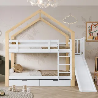 Merax Etagenbett 90x200cm mit Rausfallschutz und Schubladen, Kinderbett mit Rutsche und Leiter, Hochbett Massivholzbett Hausbett Stockbett, Weiß - Weiß, Naturbelassen