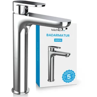 Bächlein Badarmatur Keila hoch in klassischem Design, extra hoher Einhebelmischer für Aufsatzwaschbecken mit Montage-Set, Bad Wasserhahn Chrom - klassisch hoch