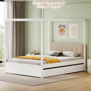 STILVORA Jugendbetten 140x200 Holzbett Himmelbett mit großen Schubladen und weicher Rückenlehne,Quadratisches Zeltdesign,Weiß (mit Matratze) - Weiß