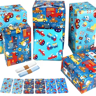 Geschenkpapier Kinder Jungen Geburtstag - Polizeiauto, Feuerwehrauto, Krankenwagen, Tractor, Tiere, Cartoon Auto, Car, Bagger, Elefant - Blau Kindergeburtstag Geburtstagspapier Set